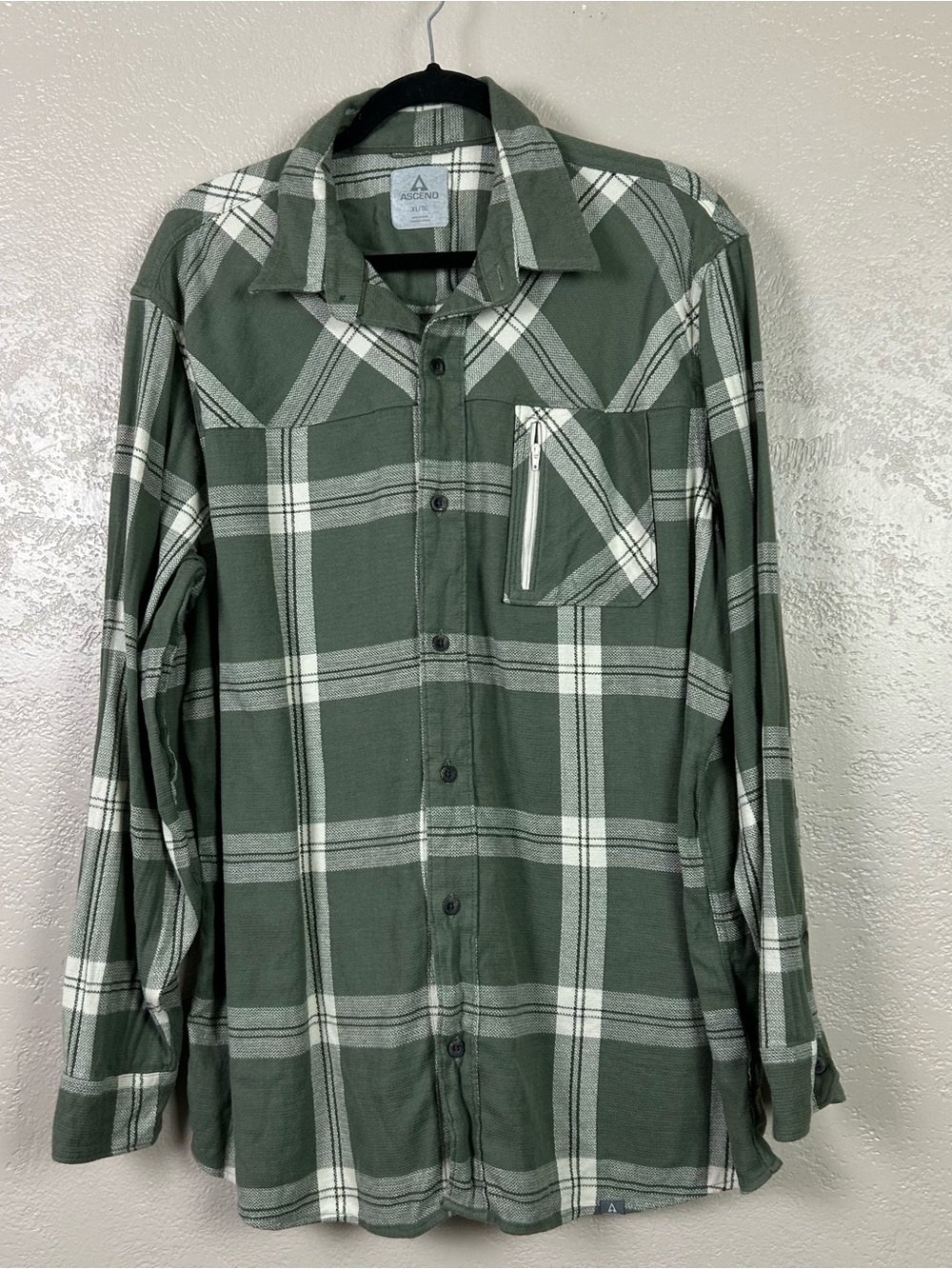 Ascend Olive Green and White Plaid Button-Up Shirt